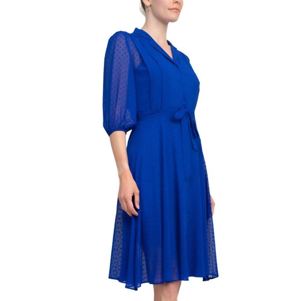 Nanette Lepore Royal Blue Dotted Swiss Sheer Illusion Belted Midi Shirtdress